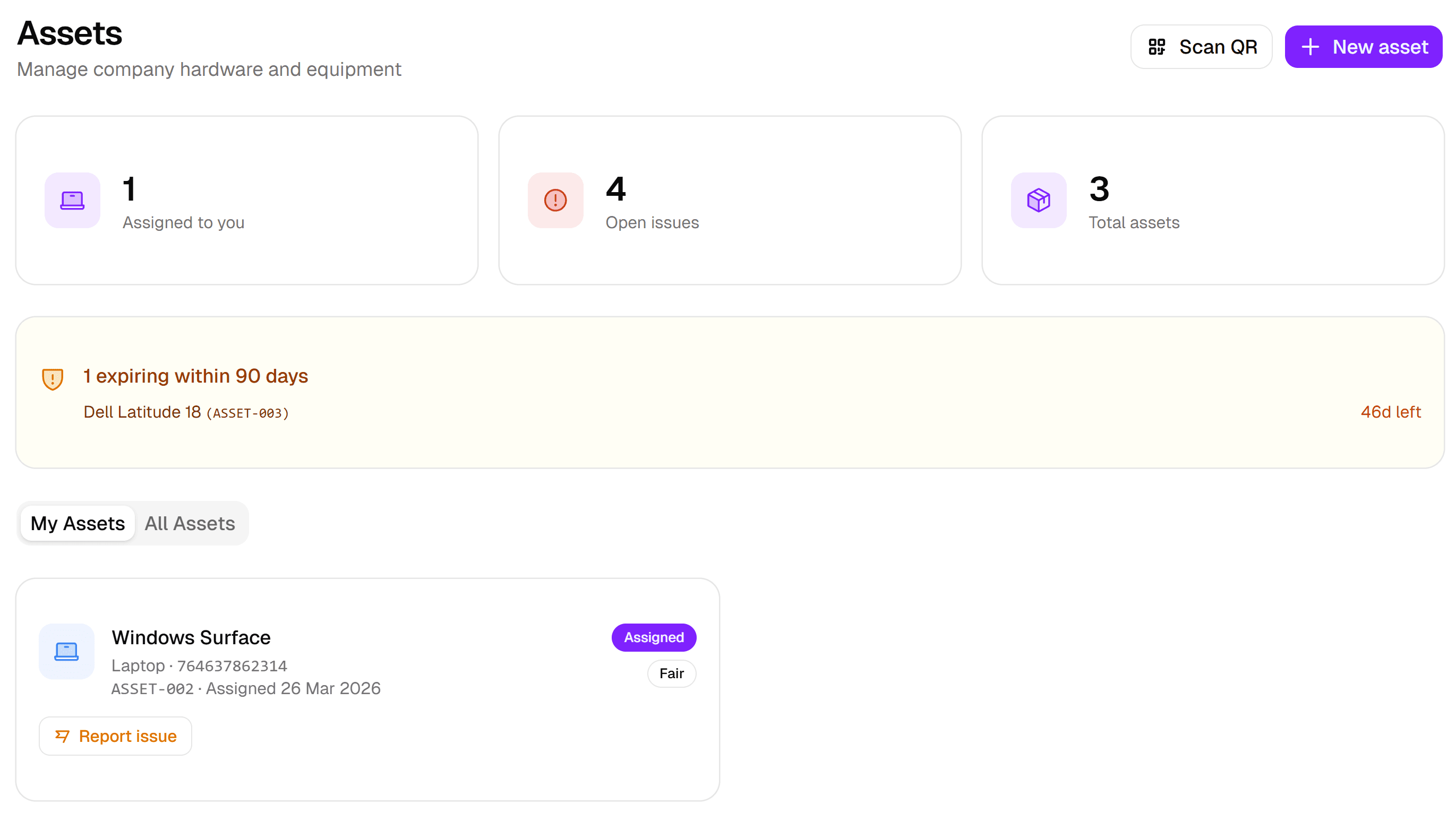 Luna HR asset dashboard with stats, warranty alerts, and assigned equipment