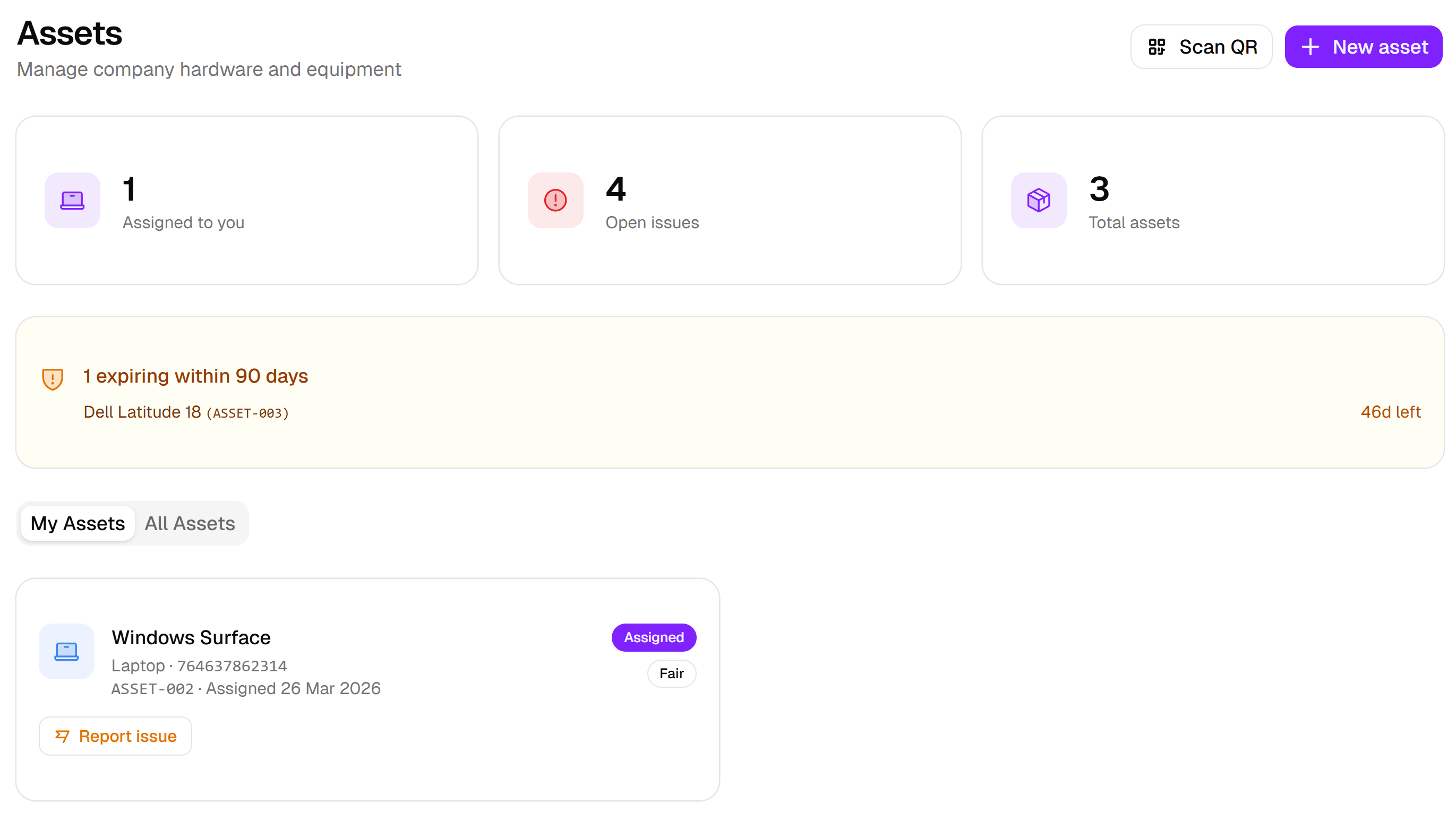 Luna HR asset dashboard with stats, warranty alerts, and assigned equipment