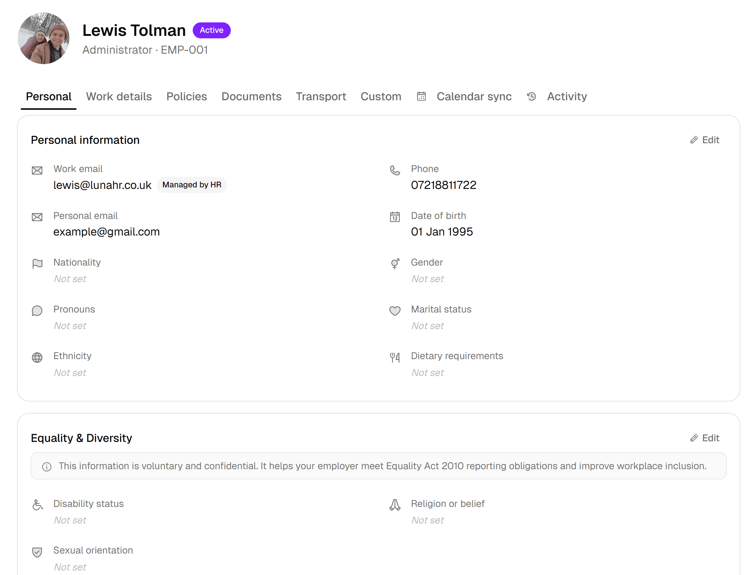 Luna HR employee profile personal details tab