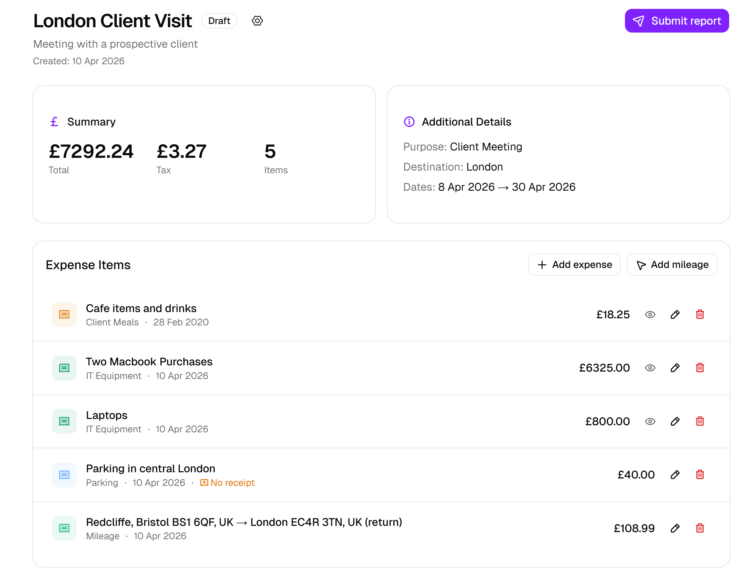 Luna HR expense report with line items, AI-scanned receipts, and totals