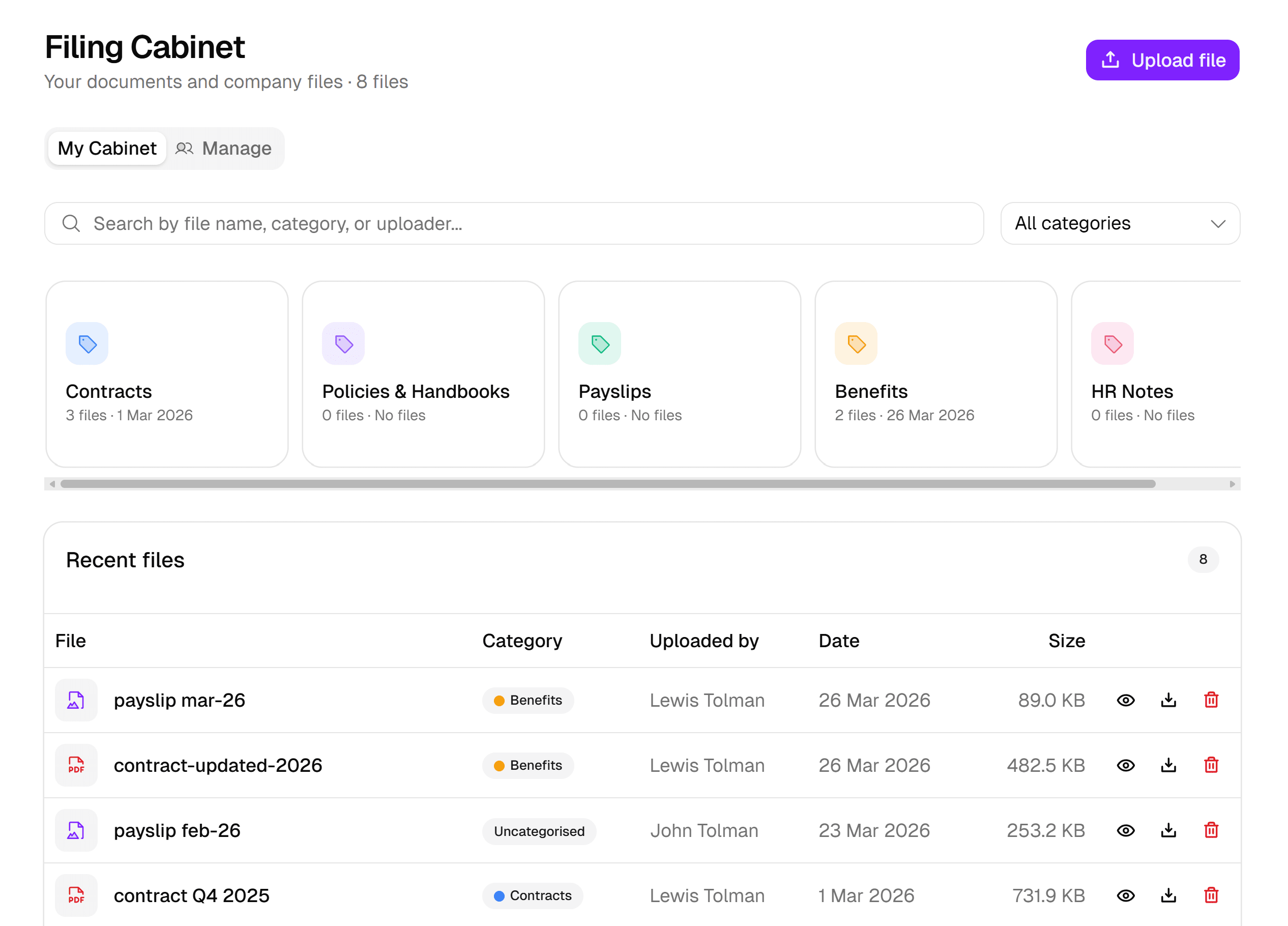 Luna HR filing cabinet with category cards and recent files